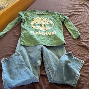 Timberland Kids Forest Green Long Sleeve Tee and Arizona jeans